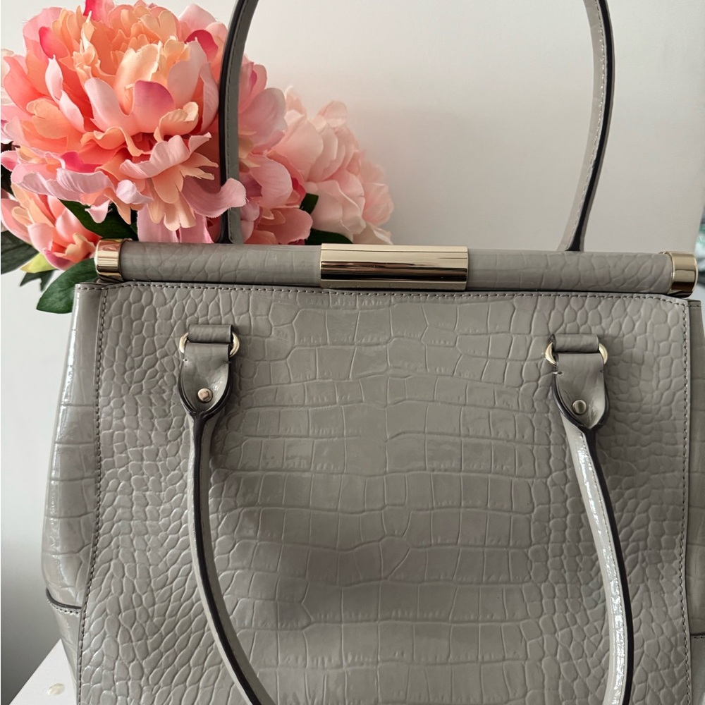 Kate Spade Gray Croc-Embossed Satchel Tote – Gold Bar Frame - Picture 3 of 11
